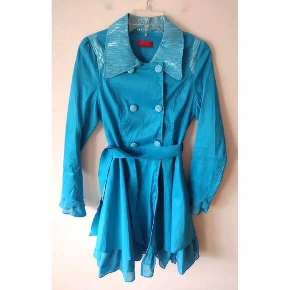 Firmiana Turquoise Double Breasted Jacket Womens Sz Small Ruffle Belted Overcoat - Picture 1 of 16